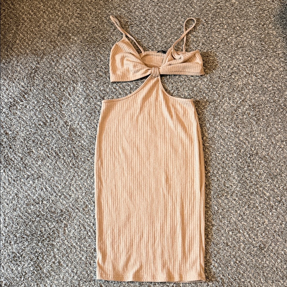 SHEIN Beige Ribbed Cutout Midi Dress